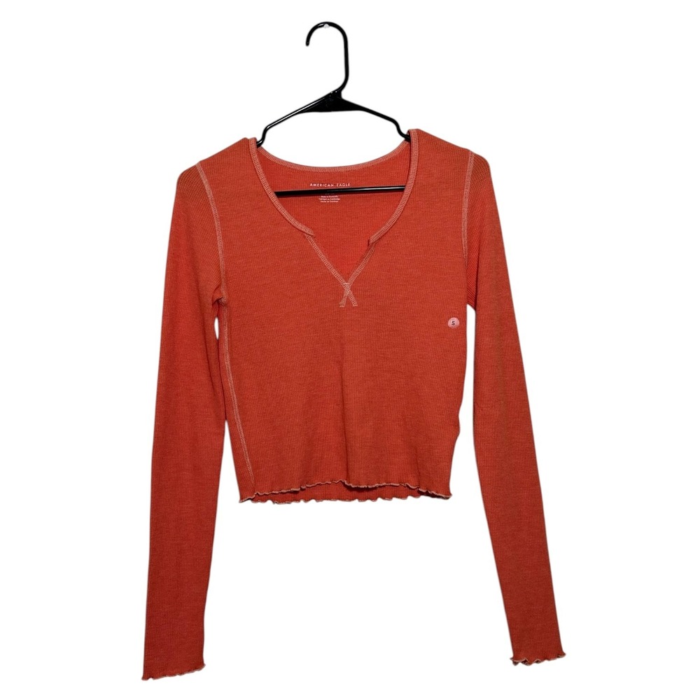 American Eagle Y2K Henley Top Orange Waffle Knit Lettuce Trim Bella Swan S NEW